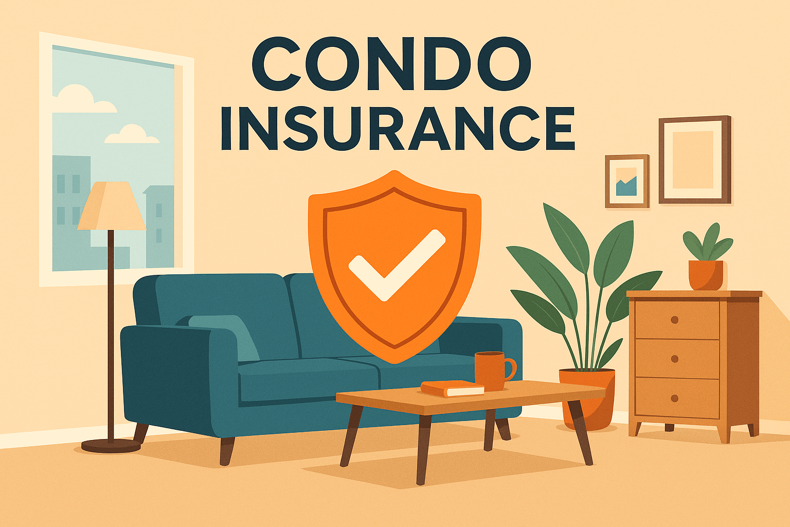 Modern condo living room illustration showing interior protection provided by condo insurance.