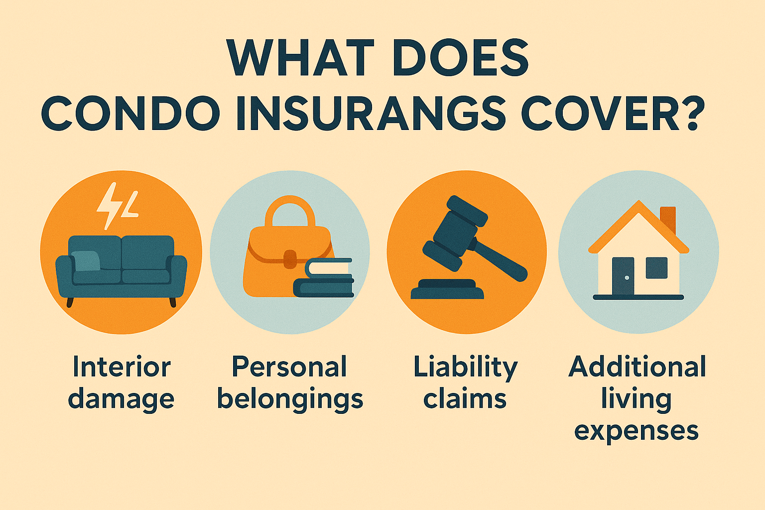Condo Insurance: What It Covers, How It Works, and How Much Protection You Really Need in 2026 5 Infographic showing what condo insurance covers including interior damage, personal belongings, liability, and living expenses