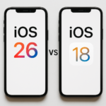 Side-by-side comparison of iOS 26 and iOS 18 displayed on two iPhones.