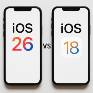 Side-by-side comparison of iOS 26 and iOS 18 displayed on two iPhones.