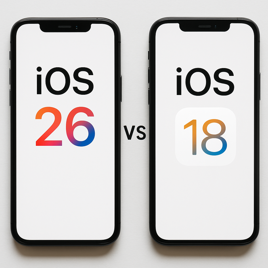 Side-by-side comparison of iOS 26 and iOS 18 displayed on two iPhones.