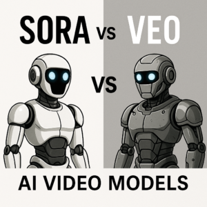 “Futuristic robot illustration comparing Sora and Veo AI video models side by side.”