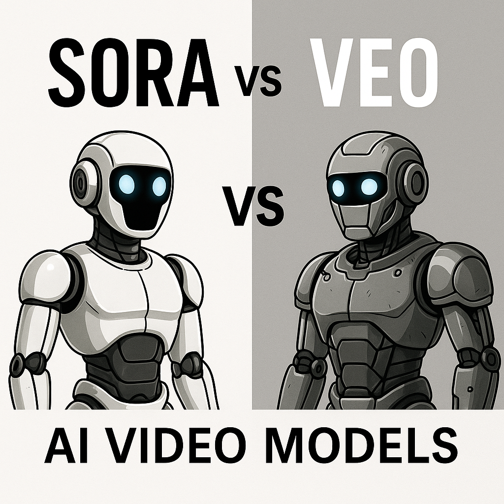 “Futuristic robot illustration comparing Sora and Veo AI video models side by side.”