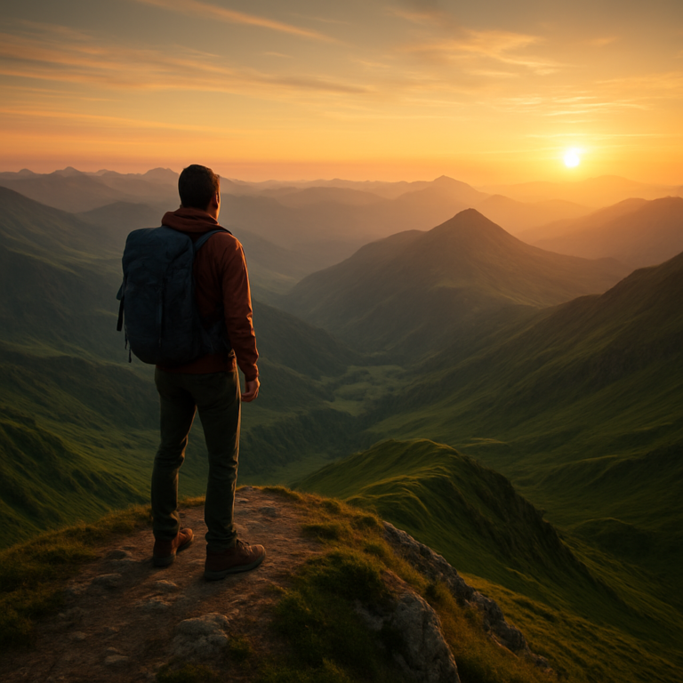 Hiker standing on a mountain ridge at sunrise overlooking green valleys and distant peaks after long hiking