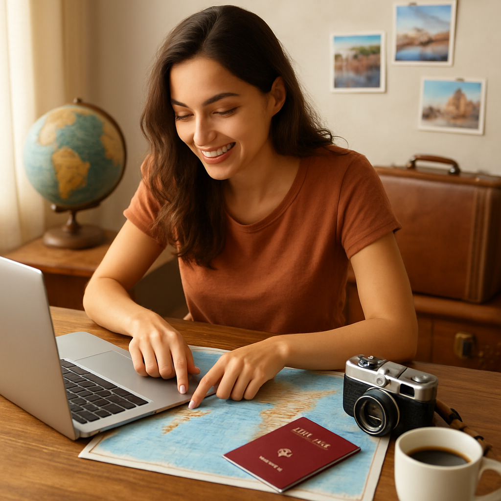 Young traveler planning first trip at desk with world map, laptop, passport, and coffee, symbolizing adventure and exploration.