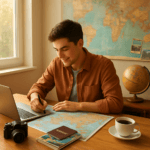 Traveler planning first big trip with map, laptop, and travel essentials in warm sunlight, symbolizing learning and exploration.