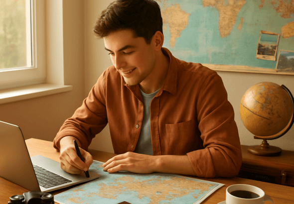 Traveler planning first big trip with map, laptop, and travel essentials in warm sunlight, symbolizing learning and exploration.