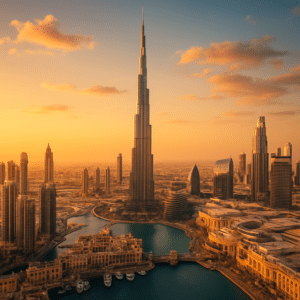 Dubai skyline with Burj Khalifa, modern skyscrapers, marina, and desert landscape during golden hour
