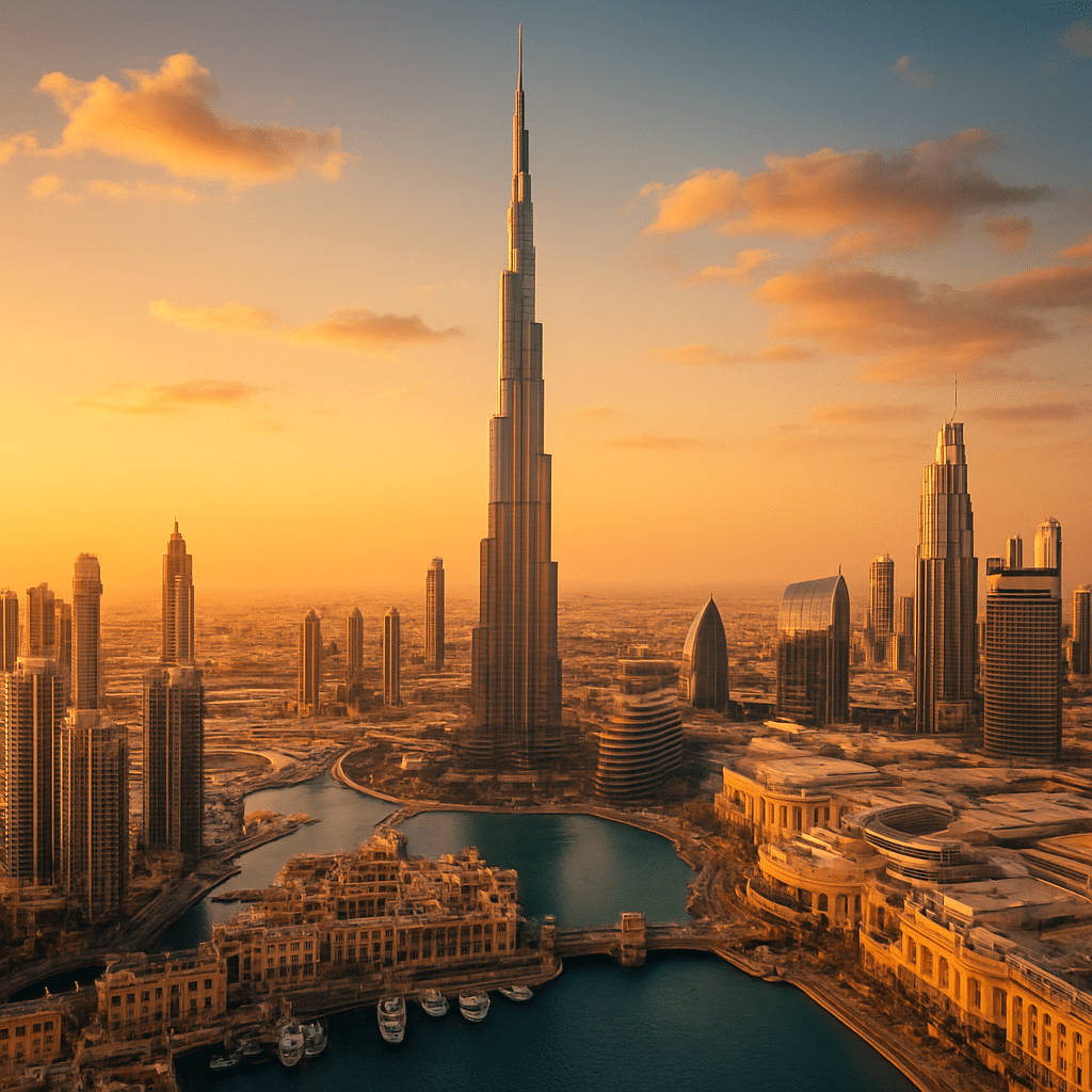 Dubai skyline with Burj Khalifa, modern skyscrapers, marina, and desert landscape during golden hour