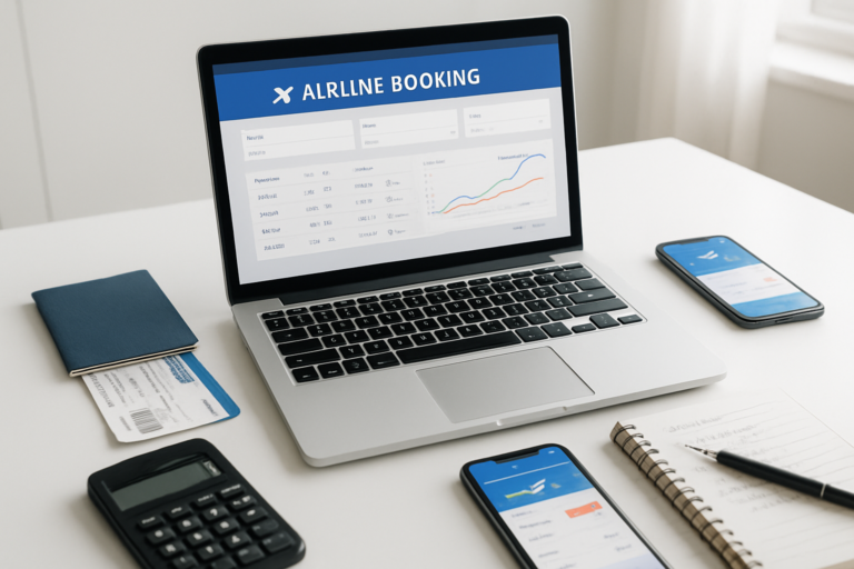Budget travel flight booking on laptop with price comparison tools and mobile apps