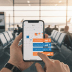 Flight Price Tracker Tips and best days to book flights shown by a traveler checking fare alerts on a phone at an airport gate.