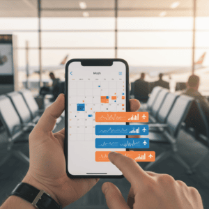 Flight Price Tracker Tips and best days to book flights shown by a traveler checking fare alerts on a phone at an airport gate.