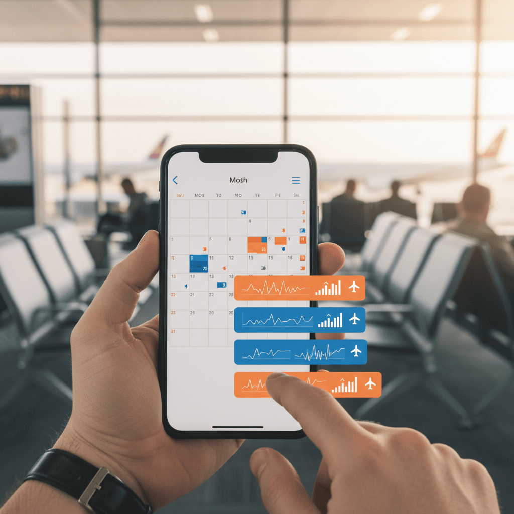 Flight Price Tracker Tips and best days to book flights shown by a traveler checking fare alerts on a phone at an airport gate.