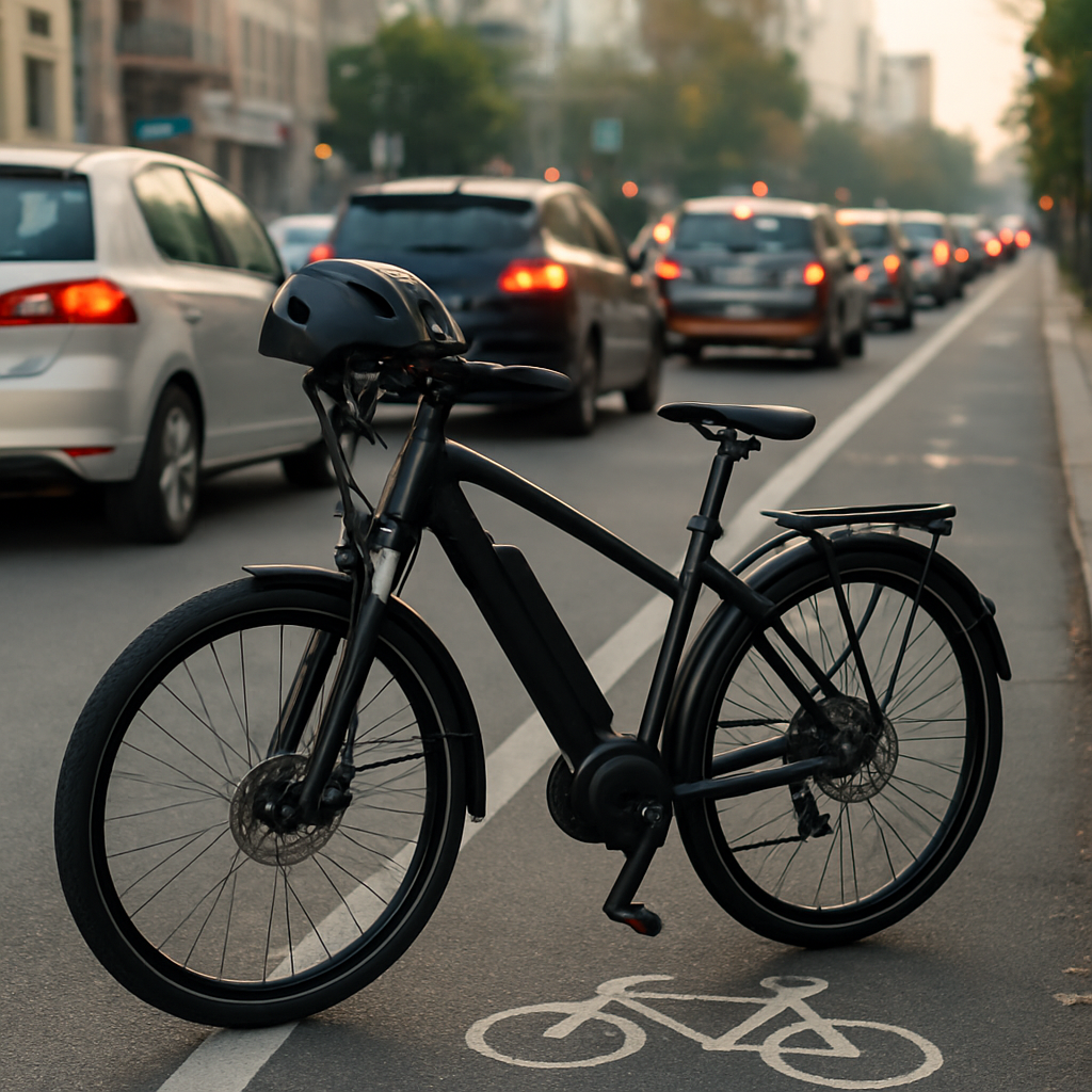 electric bike vs car daily commuting with traffic stuck in the background