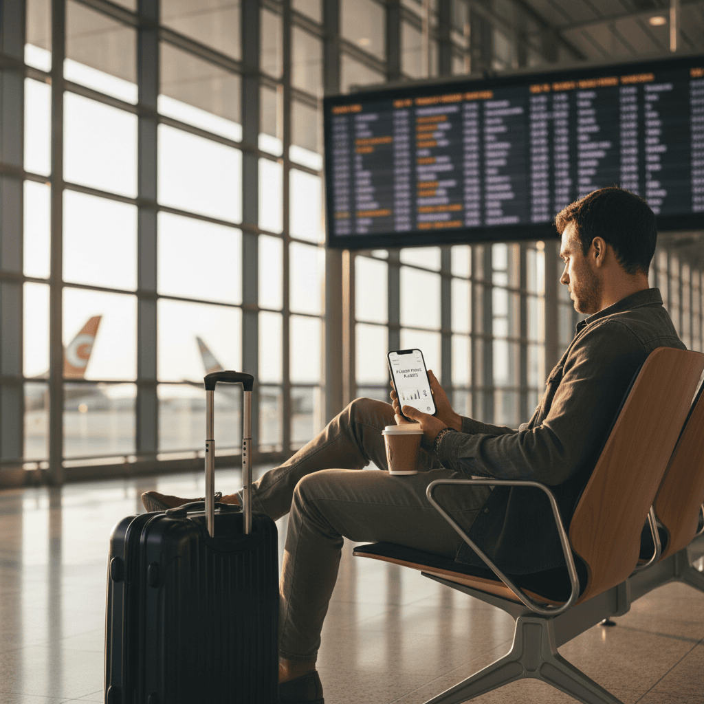 Traveler sitting at an airport gate checking Flight Price Tracker Tips alerts on a phone next to a carry-on suitcase.