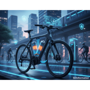 Electric bike technology featuring a smart e-bike with advanced battery systems and digital displays in a futuristic city environment
