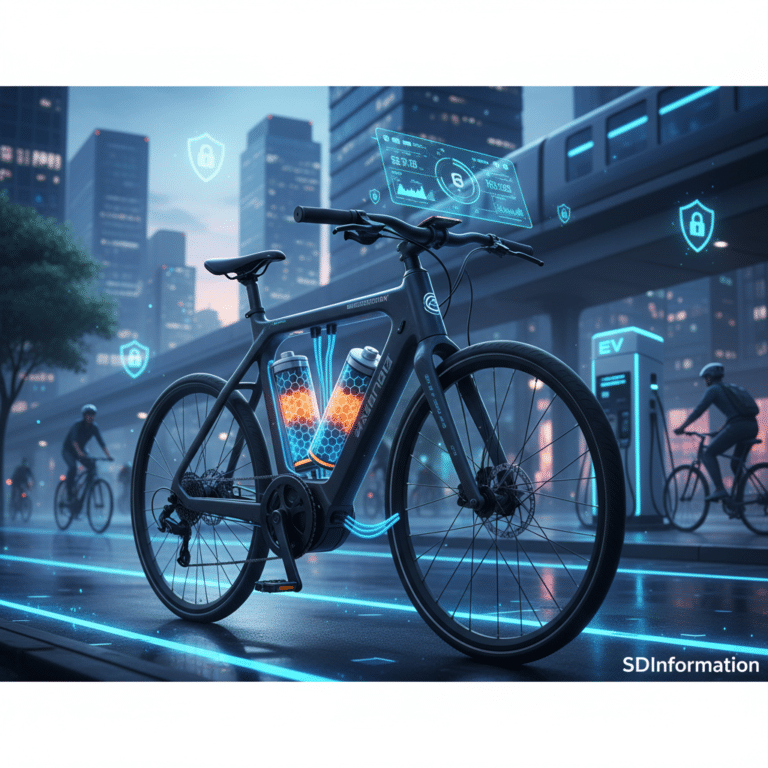 Electric bike technology featuring a smart e-bike with advanced battery systems and digital displays in a futuristic city environment