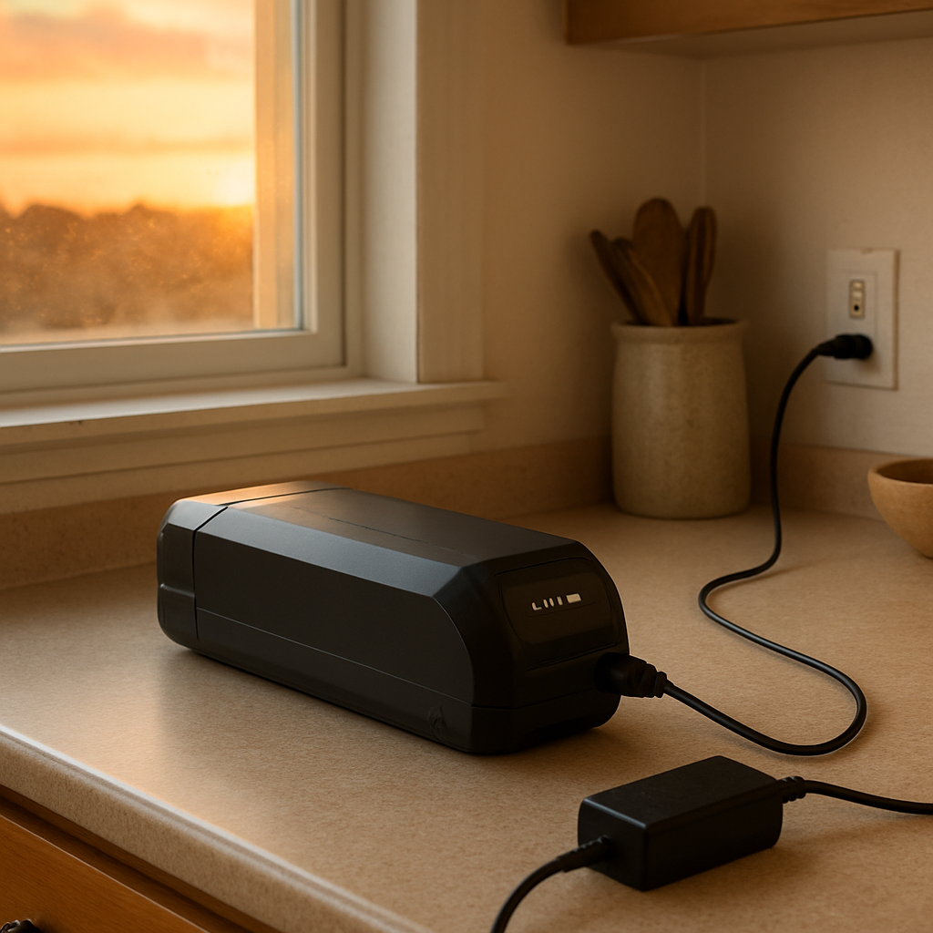 How long does it take to charge an electric bike battery at home on a kitchen counter