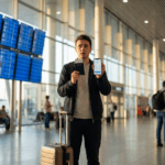 Airport Tips for Beginners guide image of a first-time traveler holding a passport and checking a boarding pass on a phone at the airport.