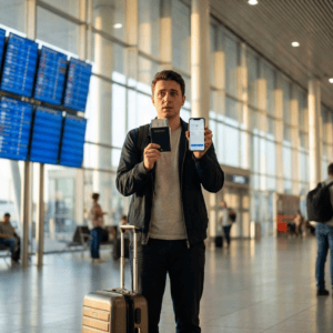 Airport Tips for Beginners guide image of a first-time traveler holding a passport and checking a boarding pass on a phone at the airport.