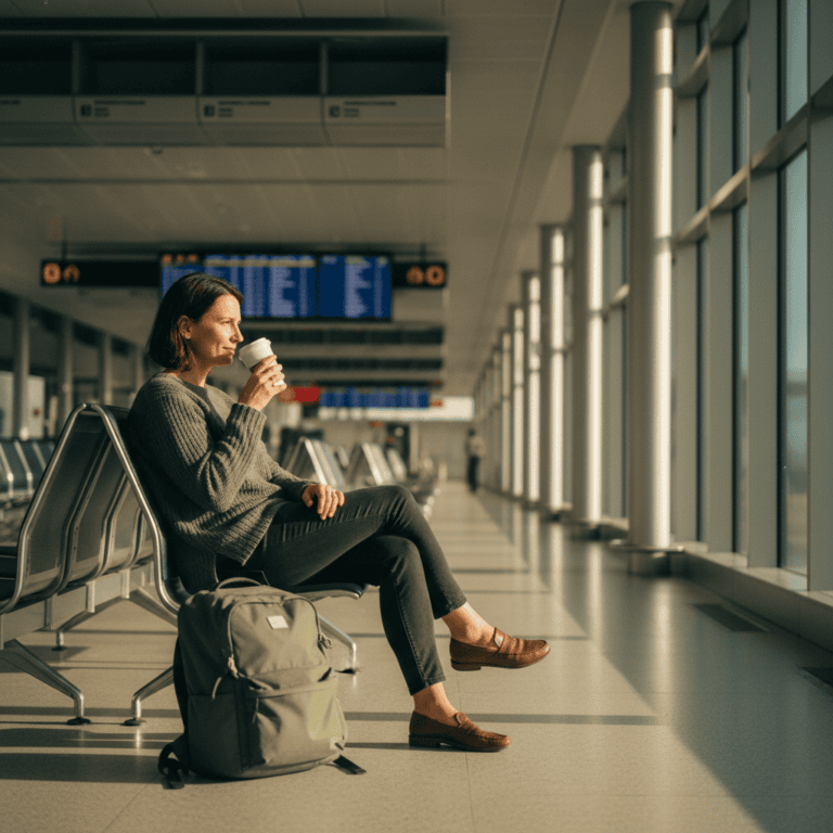 Carry-On Only Packing List concept with a traveler using a 35L backpack at an airport gate to avoid checked baggage.