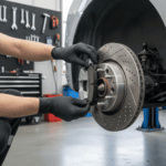 Technician installing best brake pads for daily driving on a car's disc brake system.