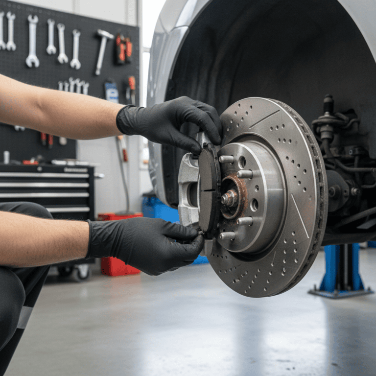 Technician installing best brake pads for daily driving on a car's disc brake system.