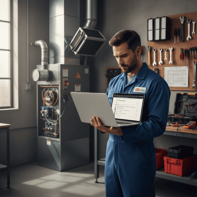 HVAC technician searching for job opportunities on a laptop near HVAC equipment