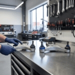 OEM and aftermarket car parts compared on a workshop bench during a mechanic’s inspection.