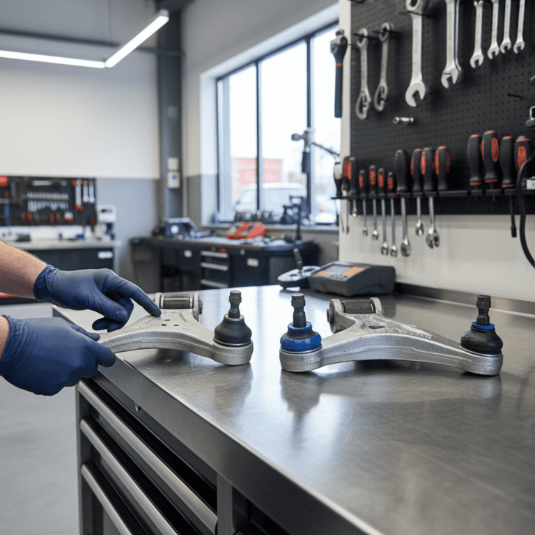 OEM and aftermarket car parts compared on a workshop bench during a mechanic’s inspection.