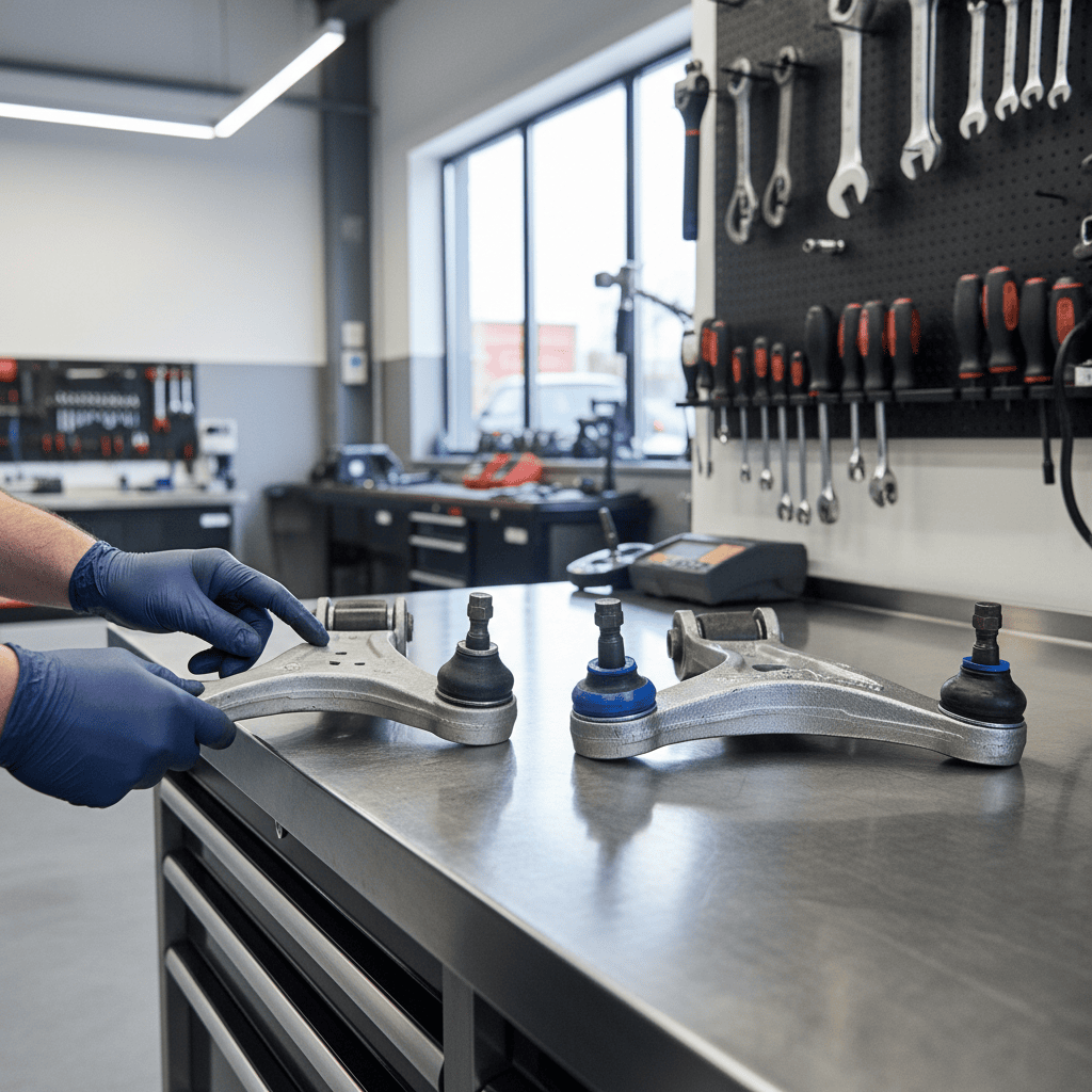 OEM and aftermarket car parts compared on a workshop bench during a mechanic’s inspection.