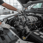 Mechanic replacing alternator in a Ford F-150 engine bay during charging system service.