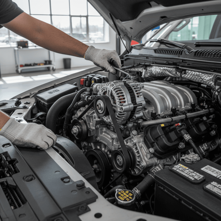 Mechanic replacing alternator in a Ford F-150 engine bay during charging system service.
