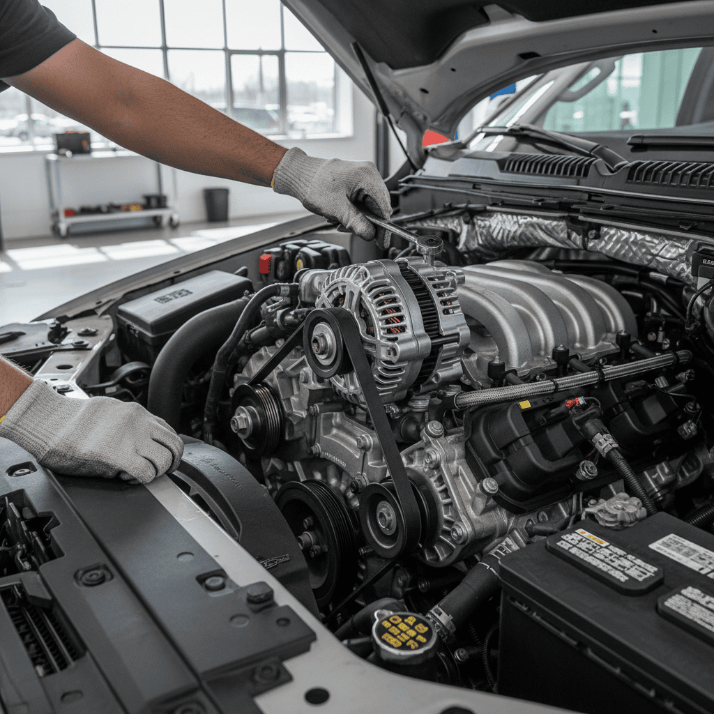 Mechanic replacing alternator in a Ford F-150 engine bay during charging system service.