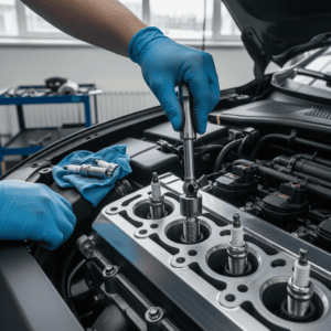 Best Spark Plugs for Better MPG shown during a mechanic’s spark plug replacement service on a modern car engine.