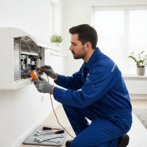 HVAC technician repairing an air conditioning system during a service visit