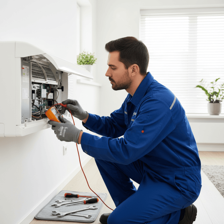 HVAC technician repairing an air conditioning system during a service visit