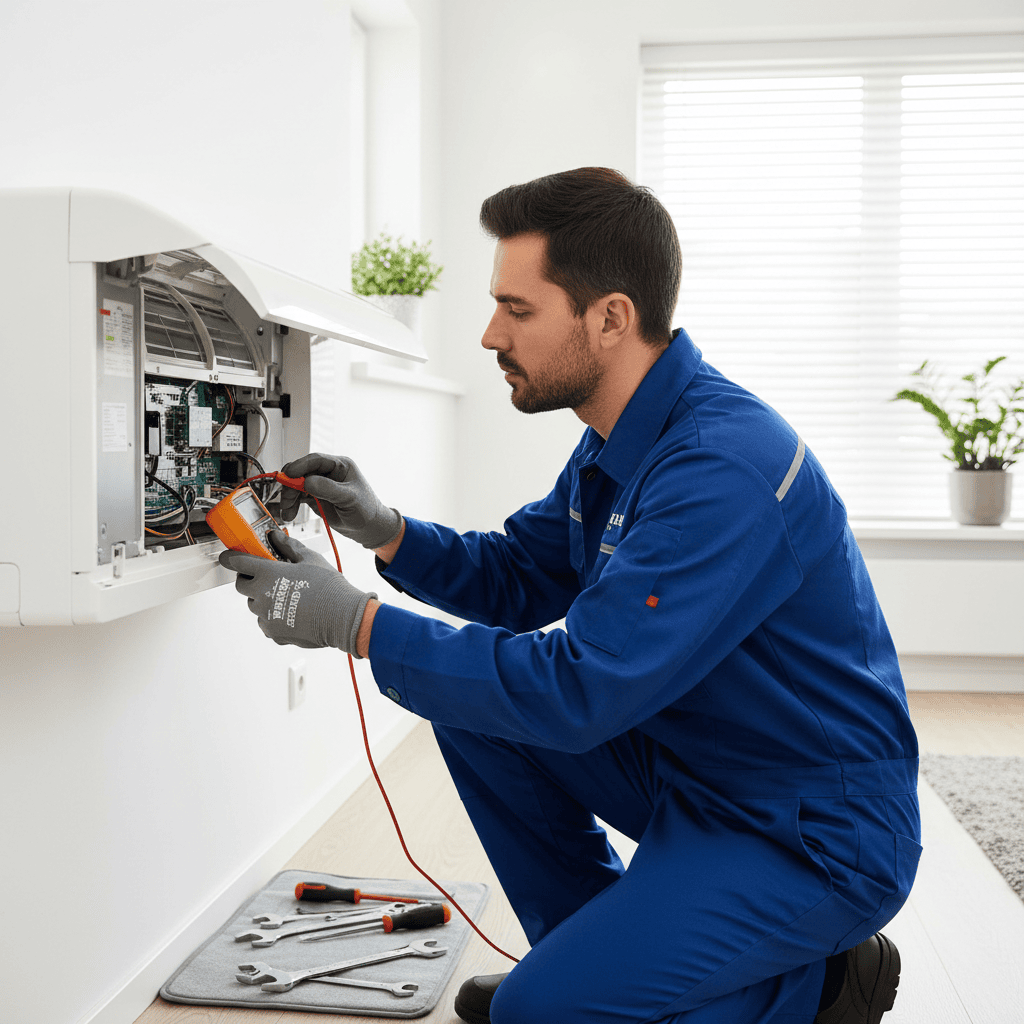 HVAC technician repairing an air conditioning system during a service visit