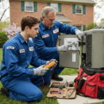 Beginner HVAC helper learning on the job while assisting a technician with an air conditioning unit