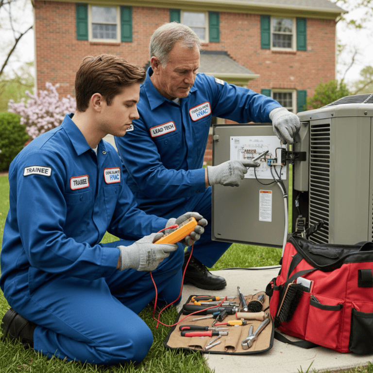 Beginner HVAC helper learning on the job while assisting a technician with an air conditioning unit