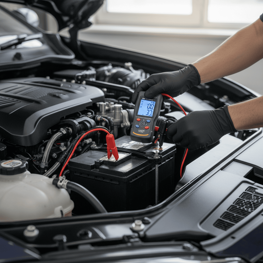 Mechanic testing a car battery in the engine bay during a vehicle charging system inspection.