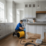 Technician drying a kitchen after a leak using professional water damage restoration equipment