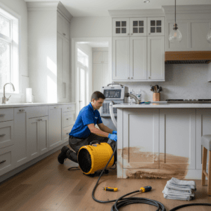 Technician drying a kitchen after a leak using professional water damage restoration equipment