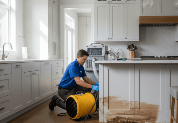 Technician drying a kitchen after a leak using professional water damage restoration equipment