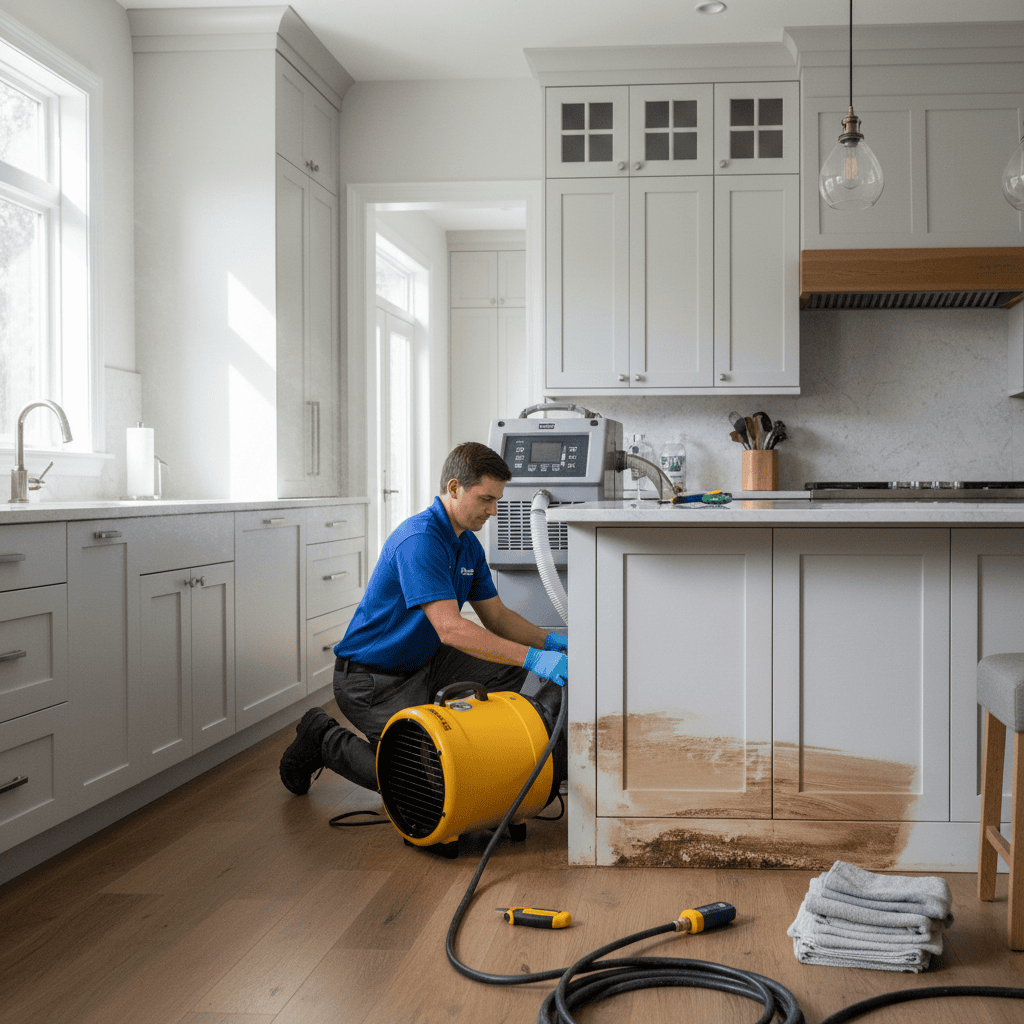 Technician drying a kitchen after a leak using professional water damage restoration equipment