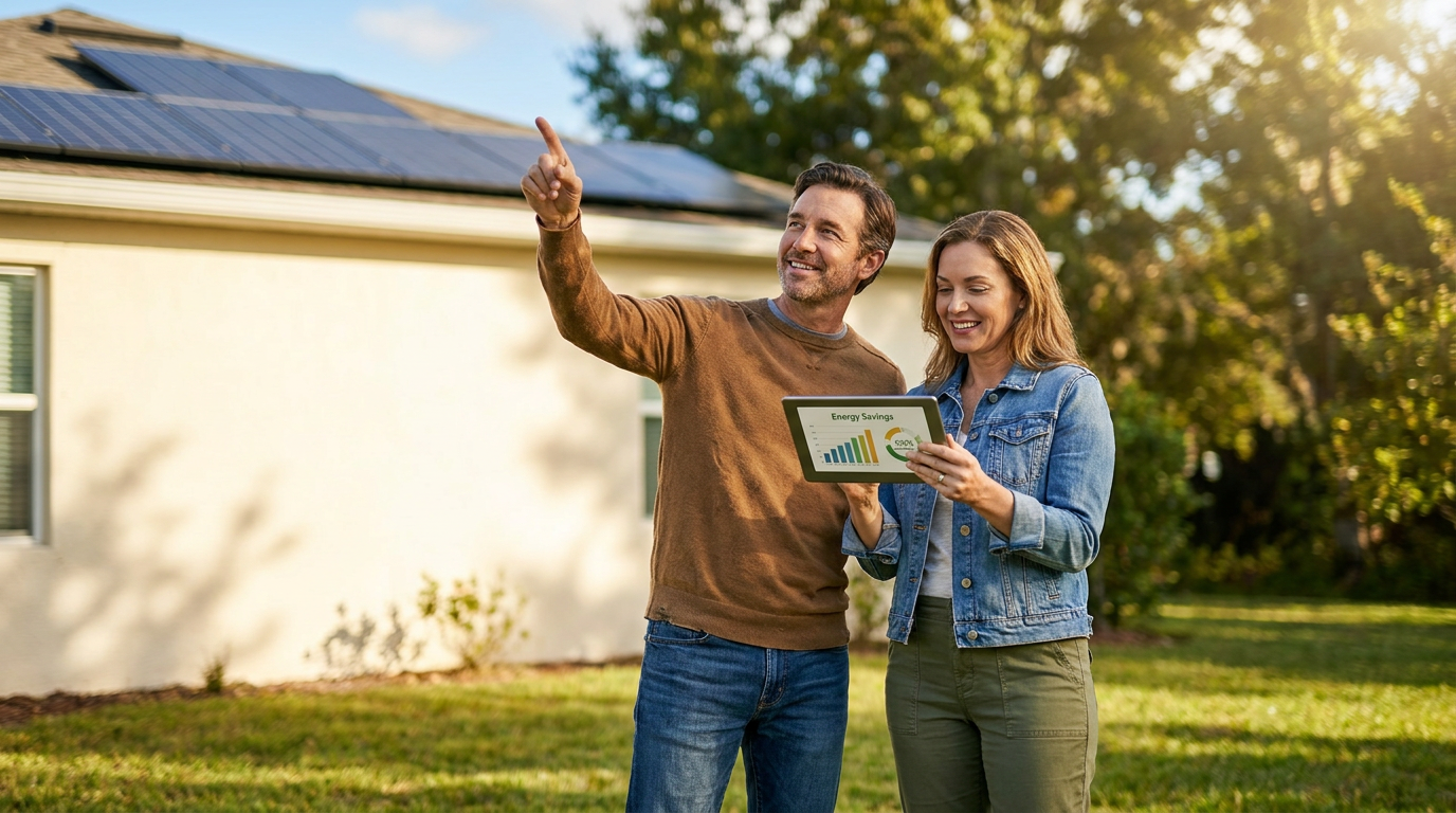 How Solar Panels Work for Homes 4 how solar panels work for homes — happy homeowner couple standing in front of their house with solar panels on the roof, man pointing at panels, woman holding tablet showing energy savings