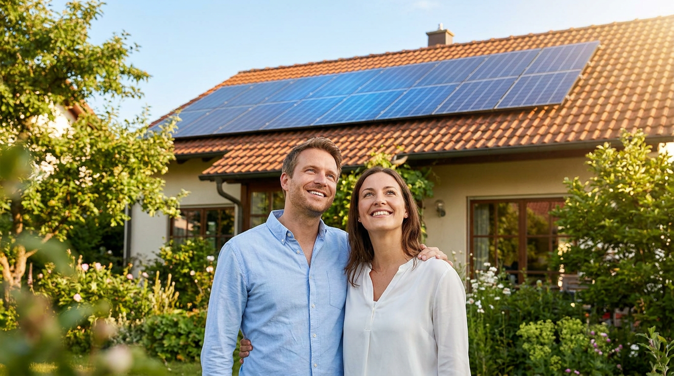 solar panel installation guide for beginners — a smiling couple standing in their backyard looking up at newly installed solar panels on their home roof surrounded by a lush green garden on a sunny day