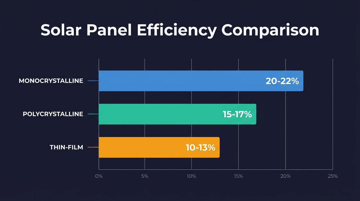 solar panel efficiency comparison bar chart showing monocrystalline at 20-22%, polycrystalline at 15-17%, and thin-film at 10-13% efficiency