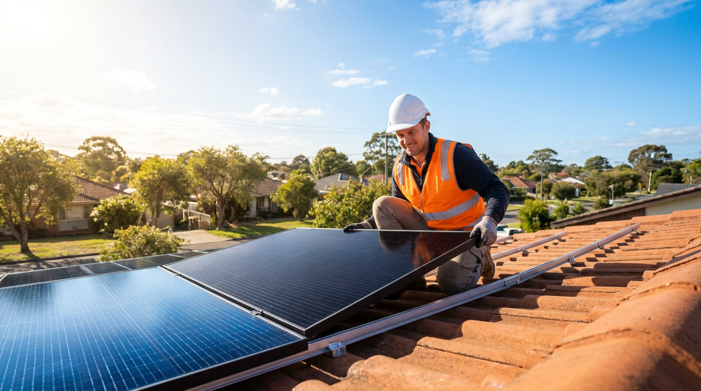 a professional solar installer in an orange safety vest and white hard hat placing a black monocrystalline solar panel on a terracotta residential rooftop on a sunny day with blue sky and suburban neighborhood in background