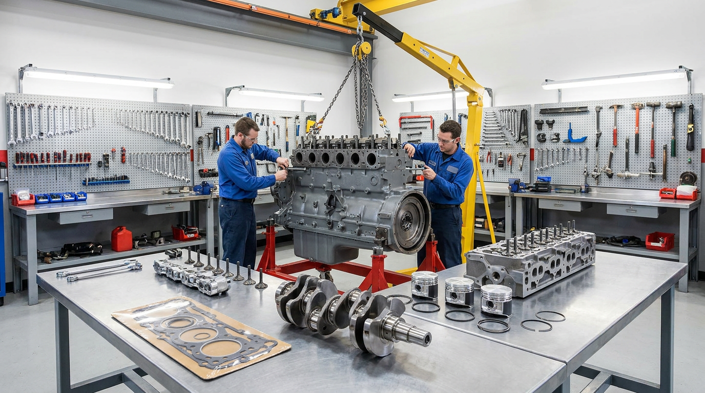 truck engine replacement parts — two mechanics in blue uniforms working on a heavy duty diesel engine block on a yellow engine hoist with crankshaft pistons head gasket and cylinder heads on workbench